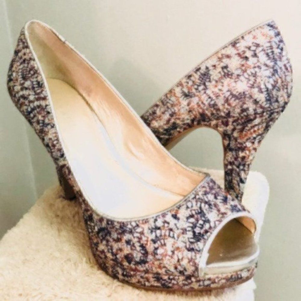 Nine West Metallic Giltter Heels Sparkly Silver Lace Open Toe Evening 7.5 M